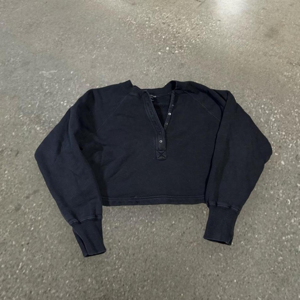 Marissa Webb Black Cropped Henley Sweatshirt Snap Front Small